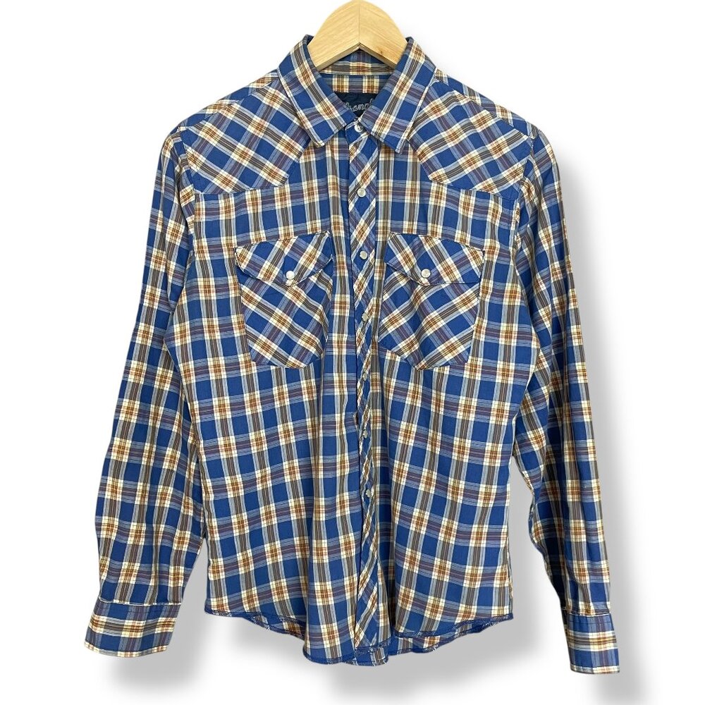 Vintage Wrangler Shirt 90s Western Plaid Blue Men Pearl Snaps Retro Long Sleeve